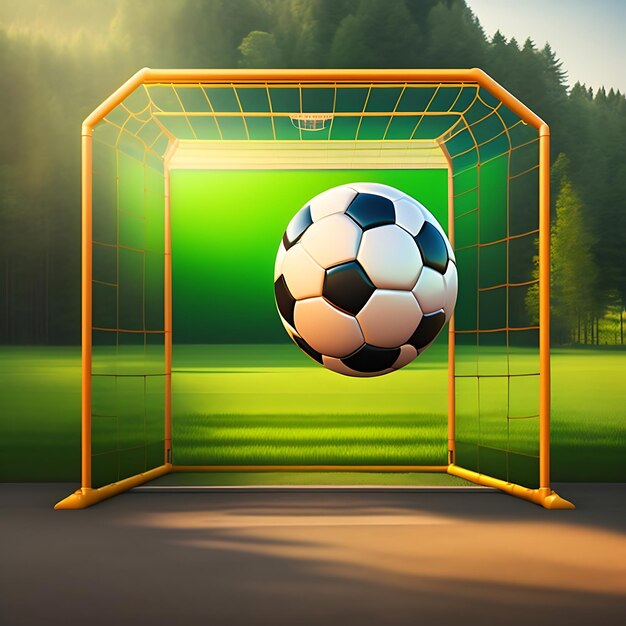 Фото Футбольный мяч в воротах с зеленым фоном