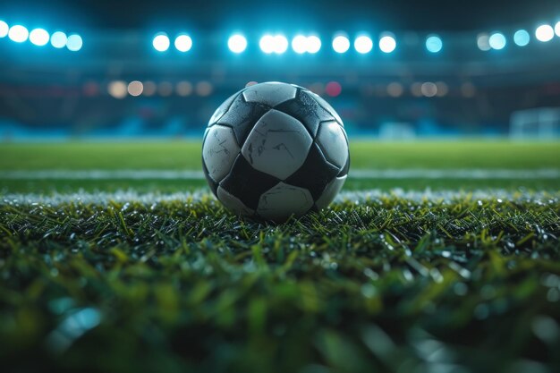 a soccer ball is in the background of a stadium