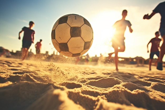 Photo a soccer ball is being kicked in the sand with the sun behind them