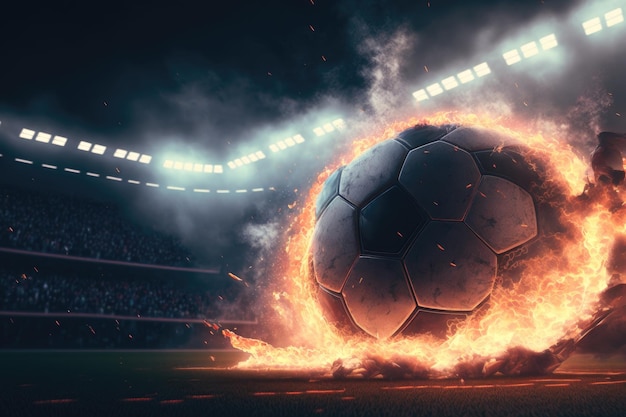 A soccer ball is burning in a stadium.