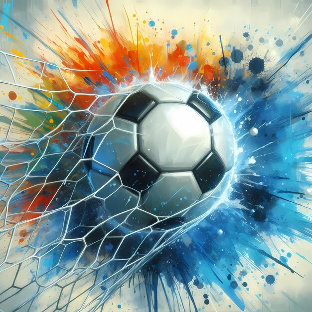 Photo a soccer ball is depicted breaking through a net with splashes of blue paint surrounding