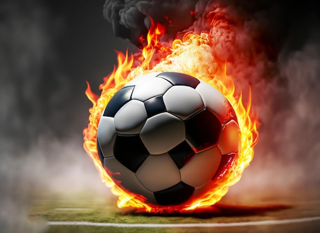 A soccer ball is on fire and is on a field.