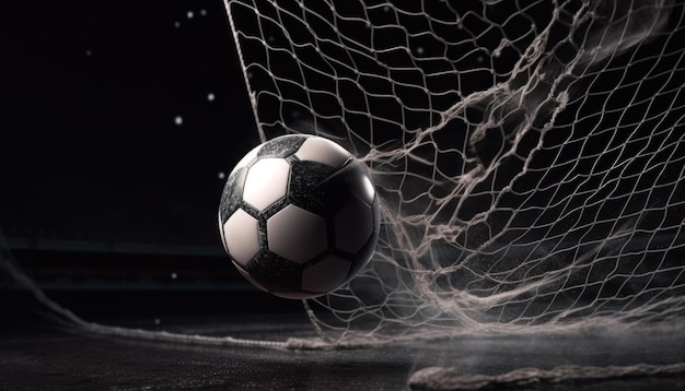 The soccer ball is flying fast tearing the nets of the goal Generative AI