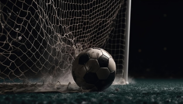 サッカー ボールが速く飛んでゴールのネットを引き裂く 生成 AI
