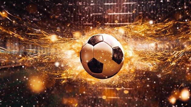 A soccer ball is flying in front of a firework.