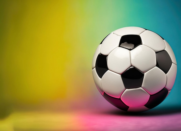 A soccer ball is in front of a rainbow background.