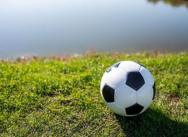 Premium AI Image A Soccer Ball Is On The Grass In Front Of A Body Of premium-ai-image-a-soccer-ball-is-on-the-grass-in-front-of-a-body-of