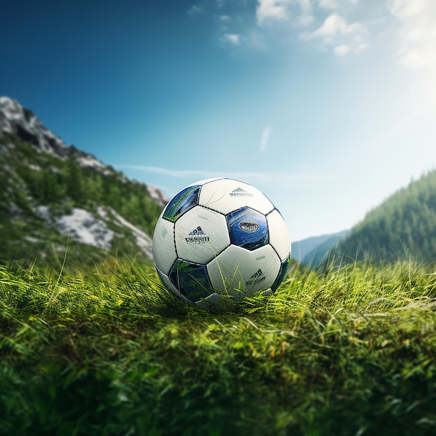 a soccer ball is on the grass in the mountains.