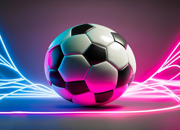 A soccer ball is lit up with neon lights and the word " soccer " on it.