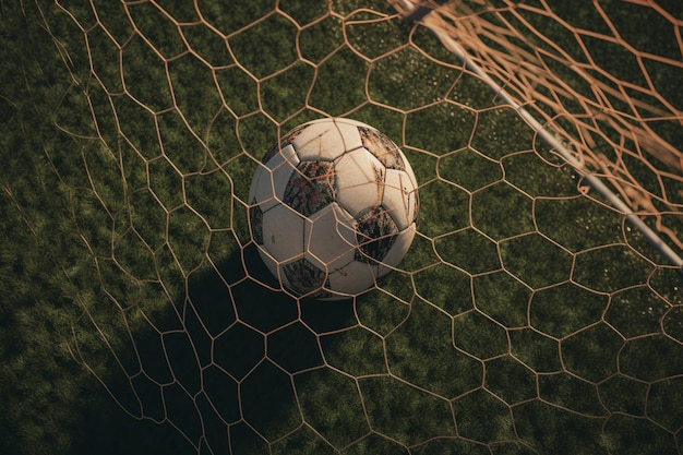 A soccer ball is in the net of a goal.