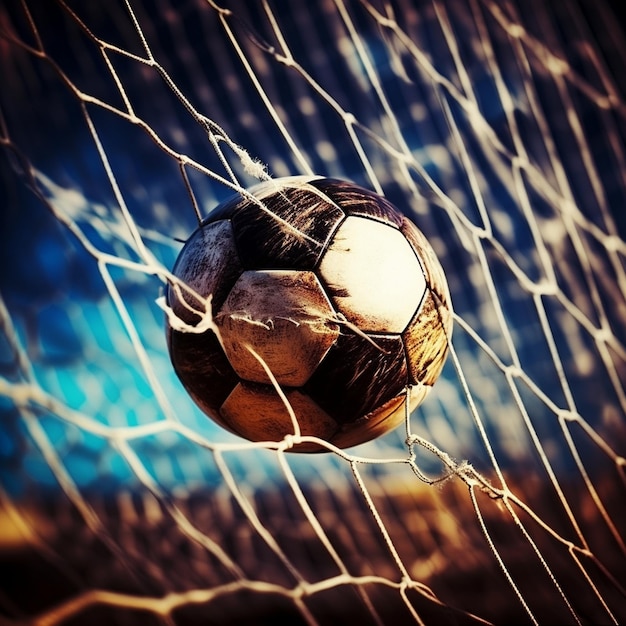 a soccer ball is in the net with the word soccer on it.