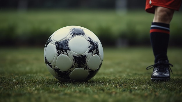 a soccer ball is shown on a field with a blurry background