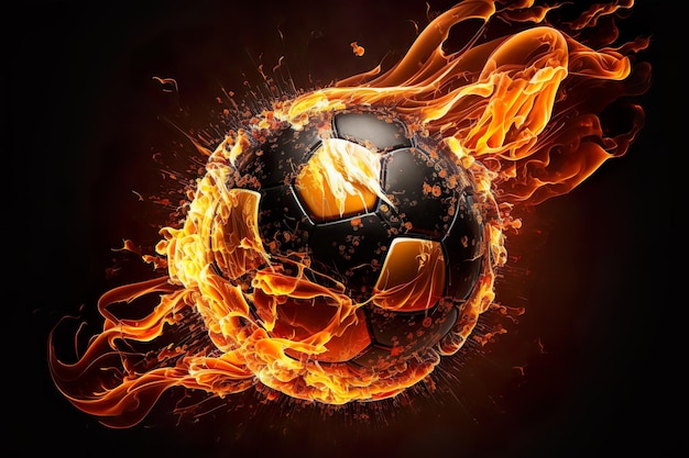 Photo a soccer ball is shown with flames and the word soccer on it.