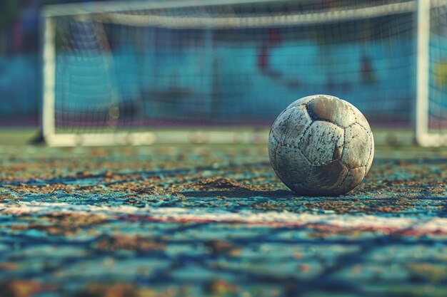 Foto una palla da calcio è seduta su un campo accanto a un gol