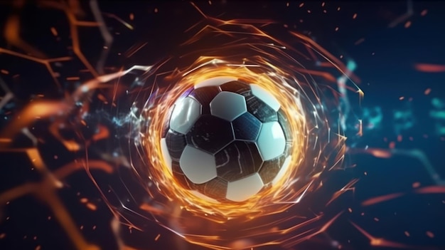 A soccer ball is surrounded by flames and is surrounded by flames.