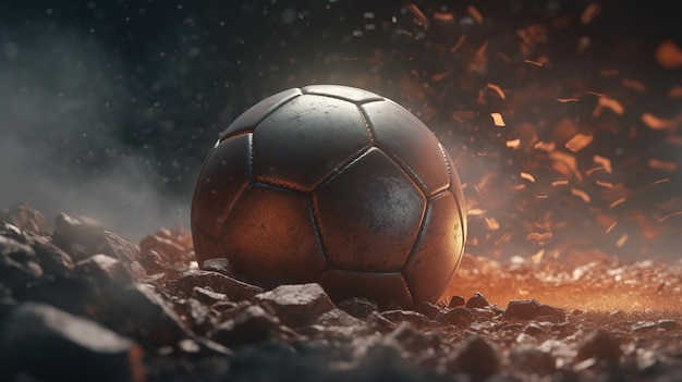 A soccer ball is surrounded by rocks and sparks.