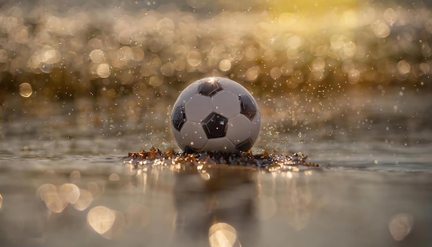 футбольный мяч на мокрой поверхности с капельками воды
