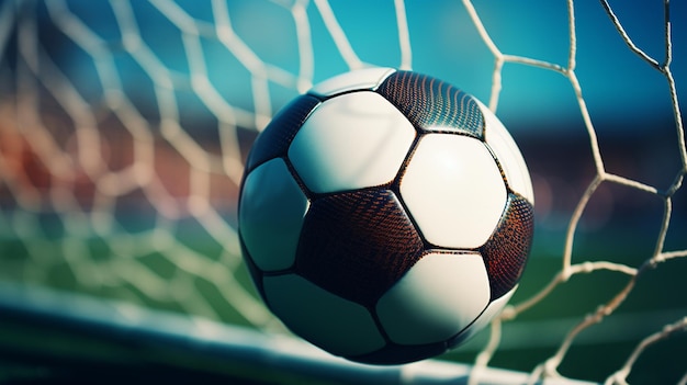 Soccer ball kicked into the goal net on the football field background.