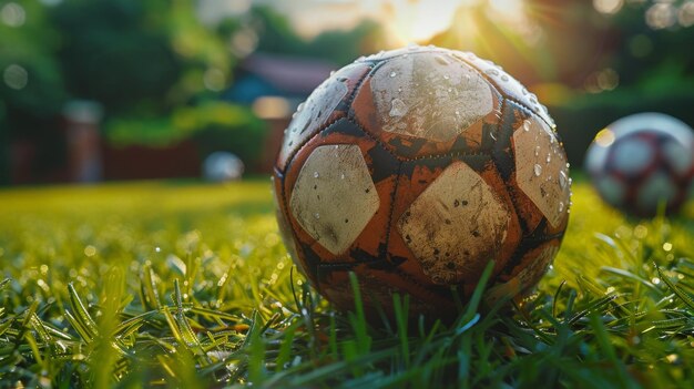 Photo soccer ball on lush green field