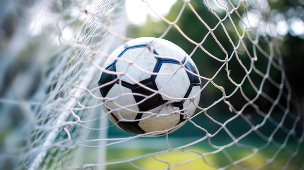 Foto pallone da calcio che giace in rete dopo un gol