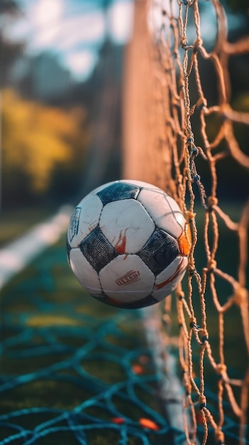 soccer ball lying in the net after a goal