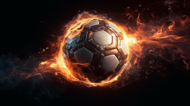 Soccer ball in motion The ball flies with lightning speed and orange flame effects in a futuristic