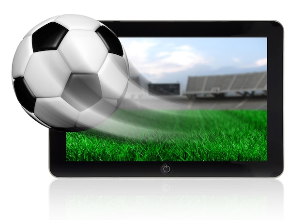 Soccer ball in motion flying off tablet screen isolated