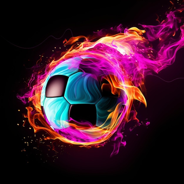 soccer ball in neon flames with neon smoke