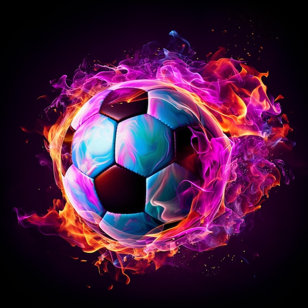 soccer ball in neon flames with neon smoke