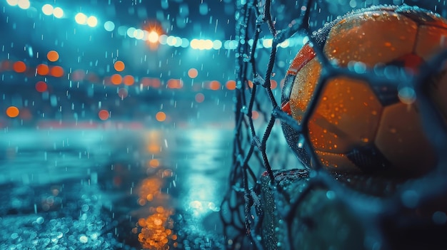 Photo soccer ball in net close up