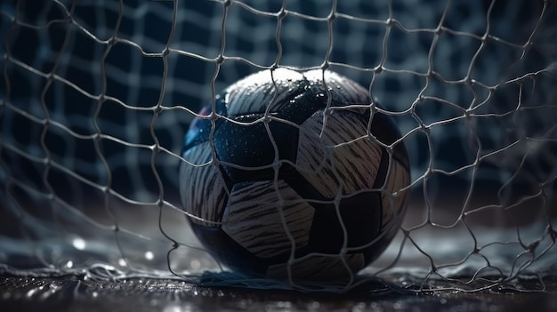 A soccer ball in the net of a goal post Generative ai