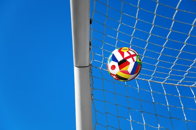 Soccer ball in the net of a goal. Soccer concept