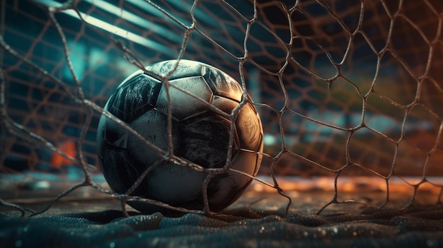 A soccer ball in a net with a blue background