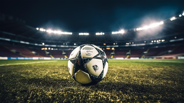 ライトのある夜のサッカースタジアムの緑の芝生にサッカーボール | プレミアム写真