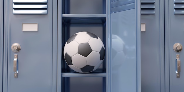 Foto pallone da calcio in un armadietto aperto della palestra gli atleti di calcio cambiano stanza da vicino