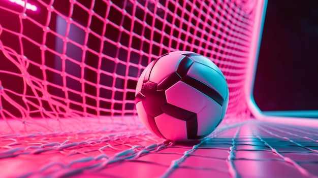 A soccer ball in a pink net