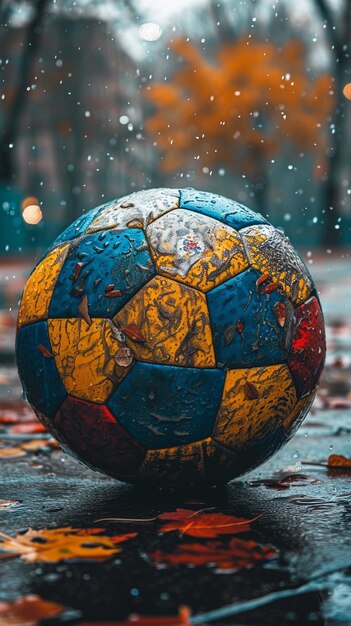 a soccer ball in the rain