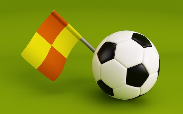 Photo soccer ball and referee flag 3d illustration on isolated green background