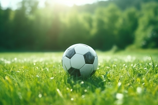 Soccer ball resting on the lush green grass of the field