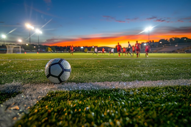 A soccer ball rests at the edge of a vibrant field set against the stunning backdrop of a fiery sunset and stadium lights