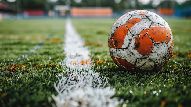 Photo soccer ball rests on the green grass of the field with the white boundary line