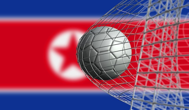 Soccer ball scores a goal in a net against North Korea flag 3D Rendering