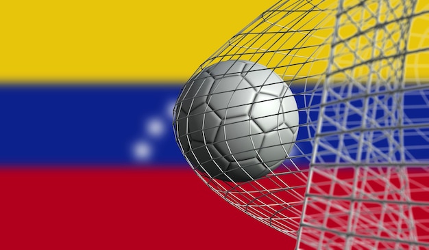 Soccer ball scores a goal in a net against Venezuela flag 3D Rendering