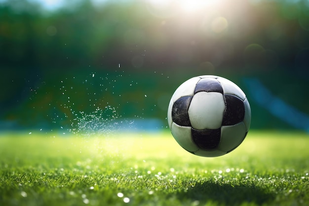 Футбольный мяч забивает гол на футбольном поле