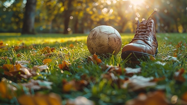 축구 공이 잔디에 두 의 신발과 함께 풀에 앉아 있습니다.