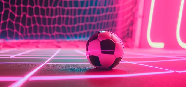 A soccer ball sits on a pink and black floor in a soccer stadium.