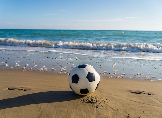 A soccer ball sits in the sand on a beach.