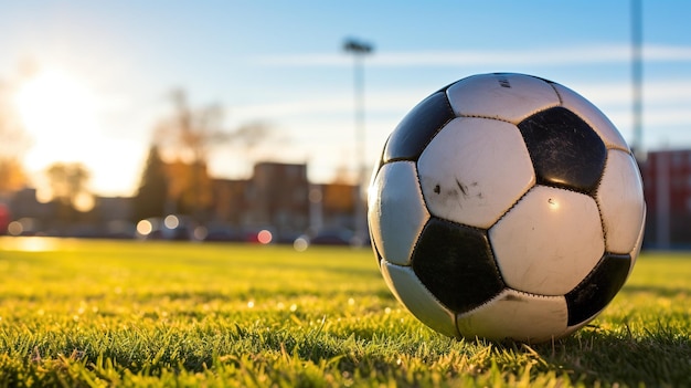 soccer ball on a soccer field at sunset