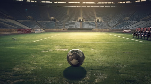 Soccer ball on the stadium in front of empty seats