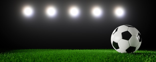 Soccer ball on stadium in night illuminated spotlight. 3D rendering illustration.